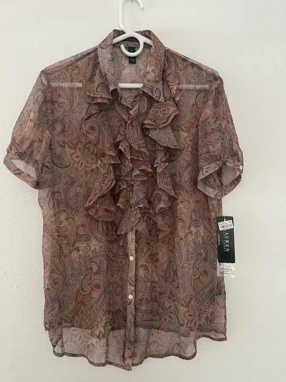 Lauren Ralph Lauren Brown Multi Paisley Ruffle Sheer Blouse